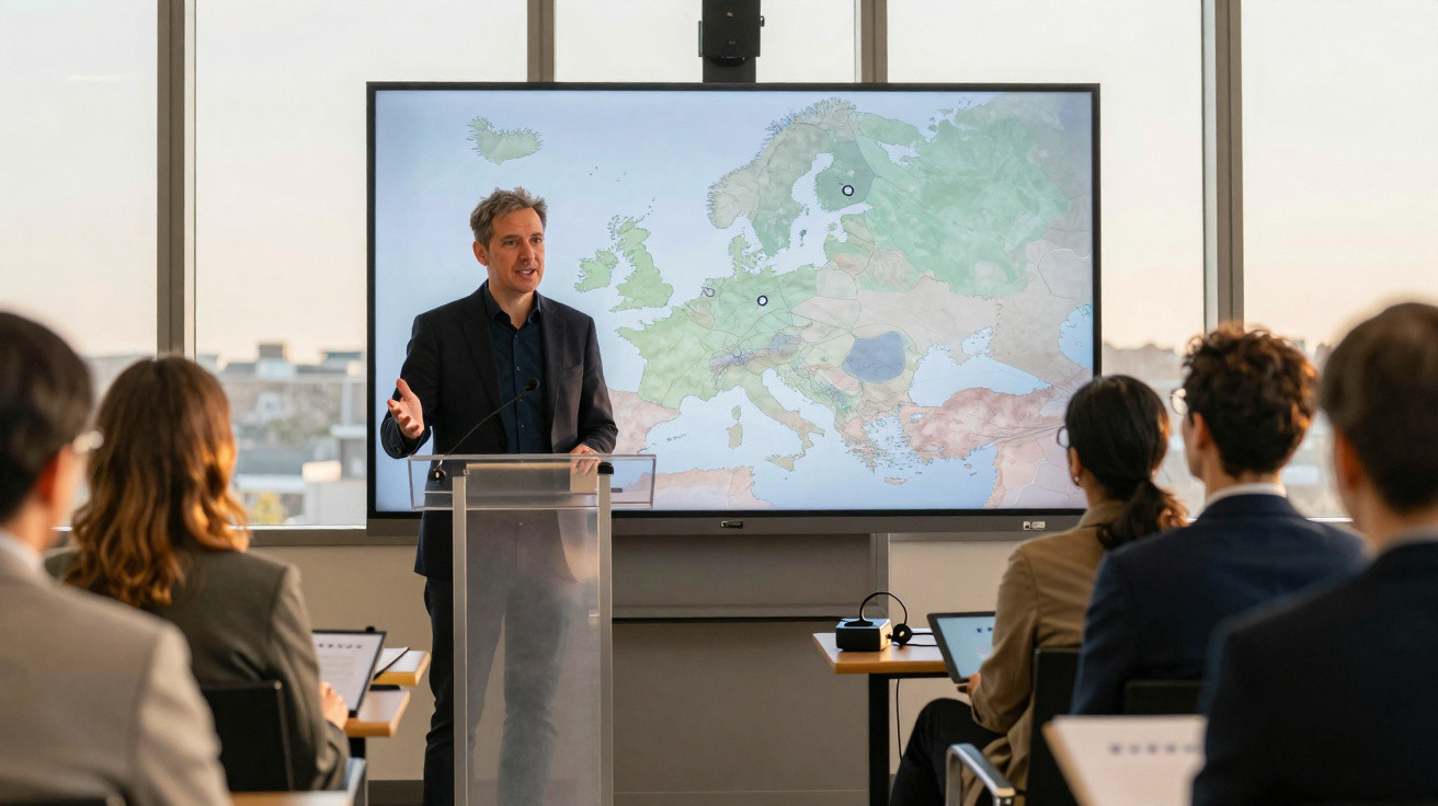 Homem a apresentar mapa da Europa a grupo de pessoas numa sala de reuniões moderna.