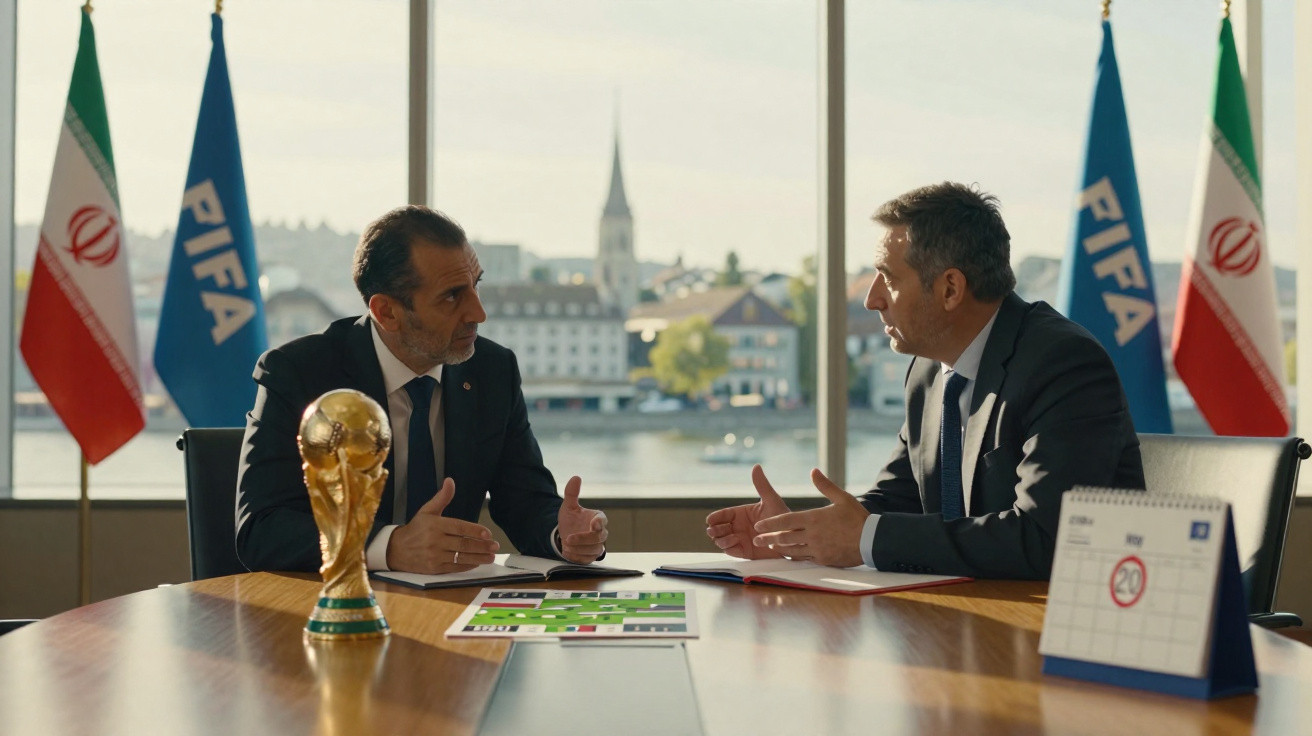 Dois homens de fato conversam numa sala com bandeiras do Irão e da FIFA, troféu da Copa e calendário na mesa.
