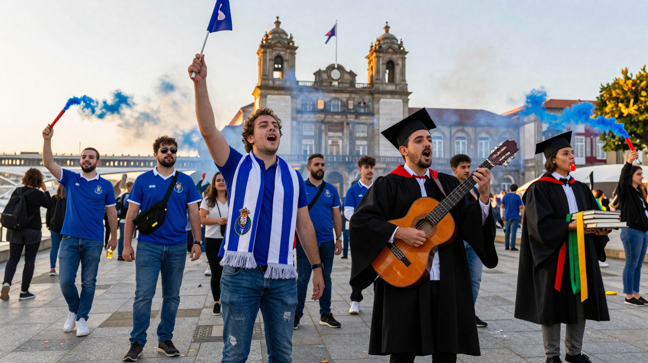 Grupo de jovens com bandeiras e bitaites azuis celebram festa académica em frente a edifício histórico.