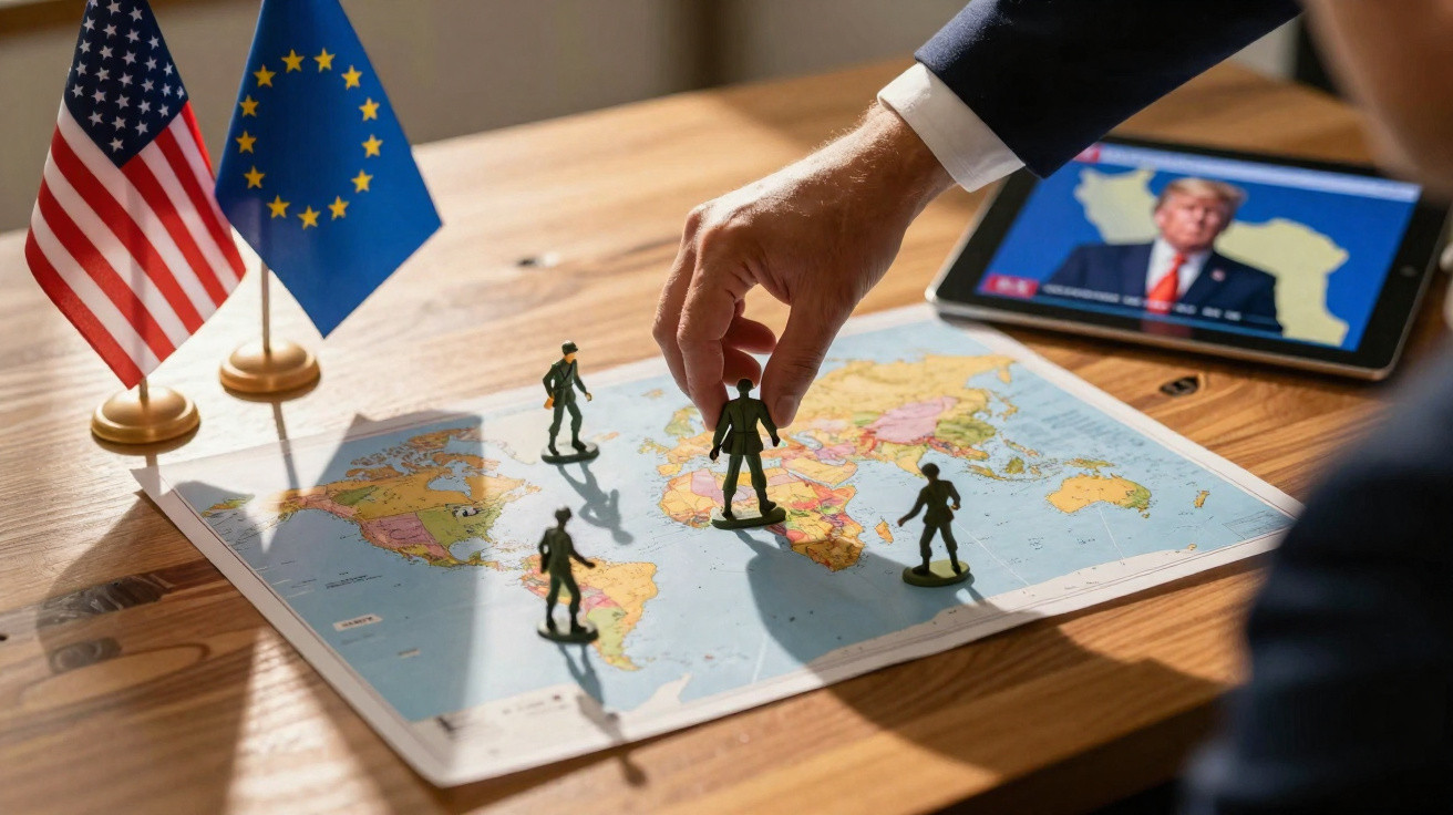 Mão de homem a movimentar figura de soldado num mapa-múndi com bandeiras dos EUA e UE e tablet com imagem de político.