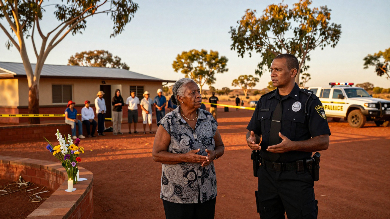 Mulher e polícia conversam num cenário árido, com fita policial, flores e grupo de pessoas ao fundo.