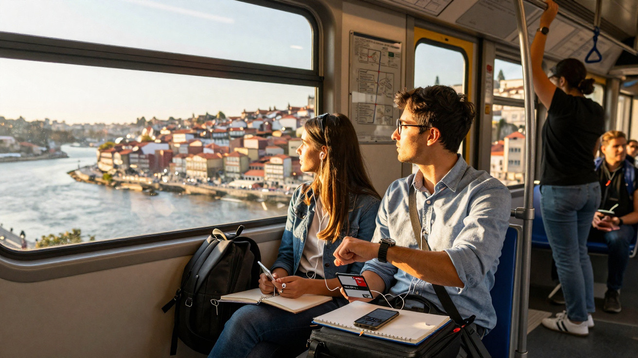 Dois jovens a olhar pela janela do comboio, com vista para o rio e casas ao pôr do sol.