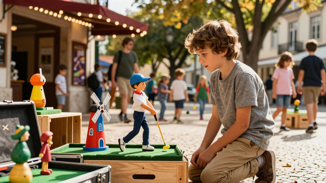 Rapaz observa jogo de mini-golfe com figuras e moinho em espaço exterior movimentado.