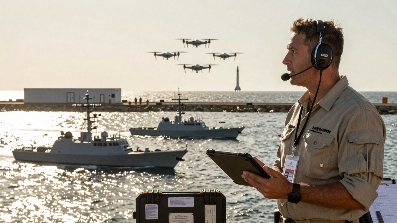 Homem com headset e tablet controla drones no mar junto a navios militares ao pôr do sol.