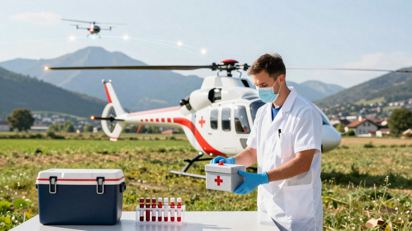 Profissional de saúde com máscara e luvas manuseia equipamento médico ao lado de helicóptero de emergência no campo.