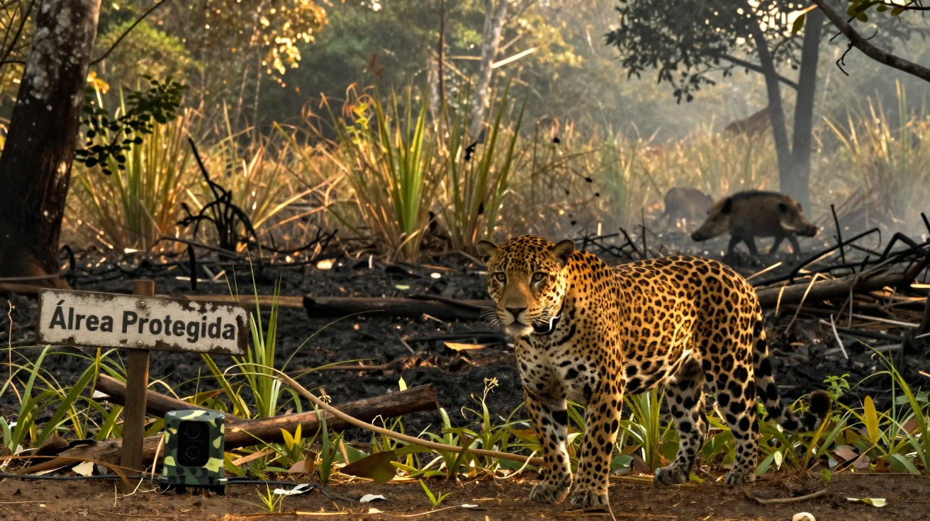 Onça-pintada com coleira em área protegida, vegetação com sinais de incêndio e jabuti ao fundo.