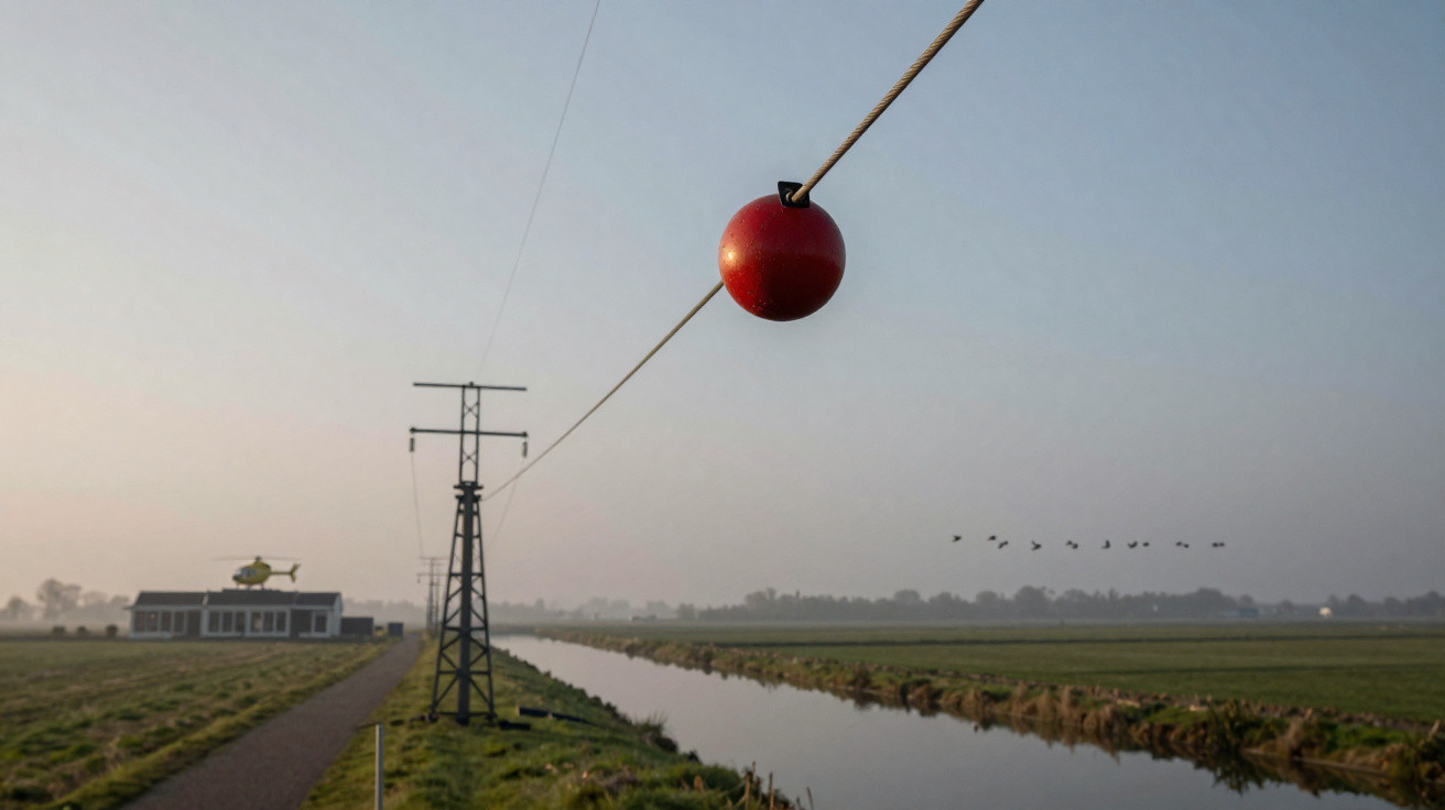 Balão vermelho preso a cabo com paisagem rural, rio, helicóptero e linha de aves no céu ao fundo.