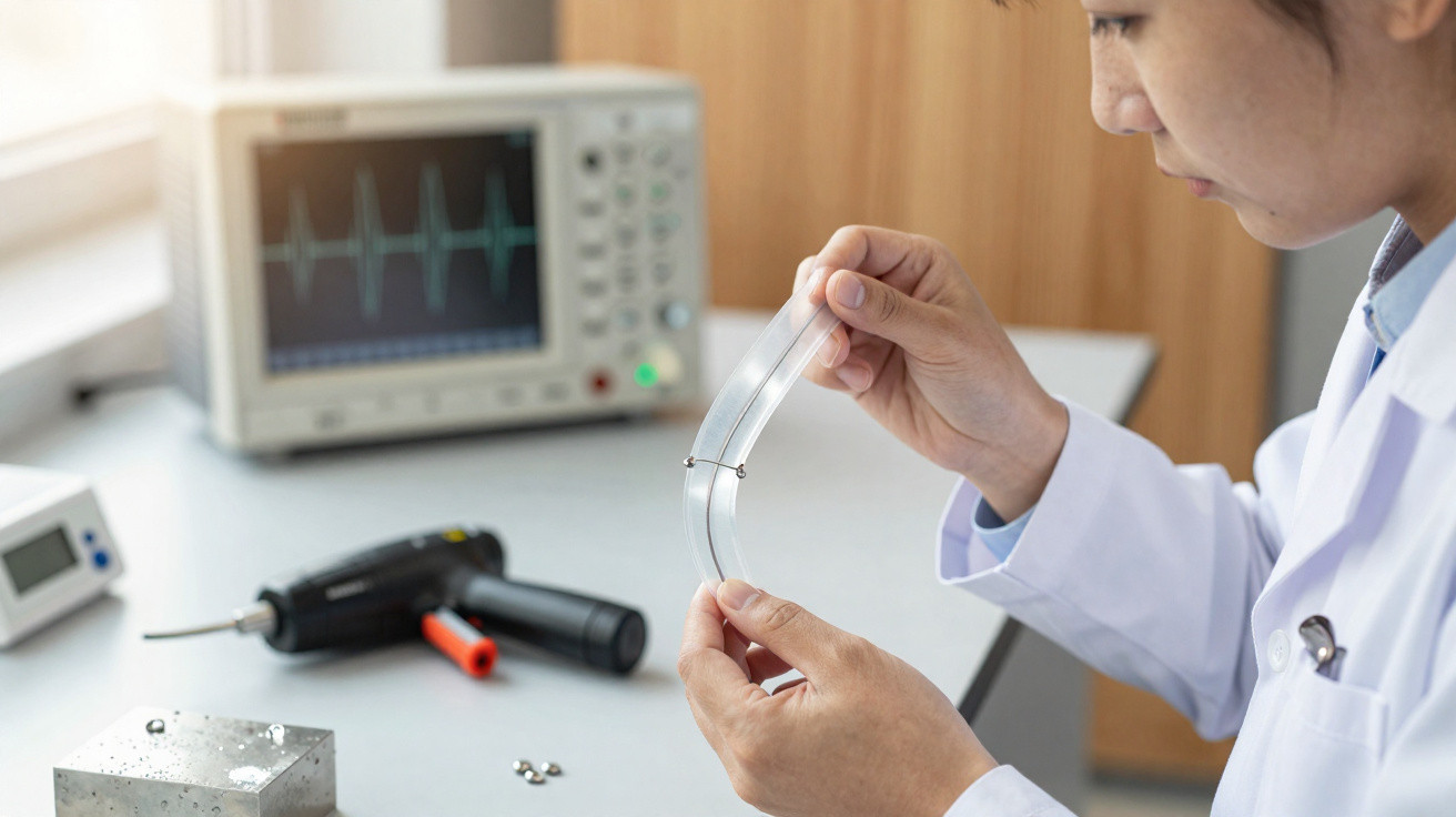 Pessoa de bata branca segura componente transparente flexível num laboratório com equipamento electrónico ao fundo.