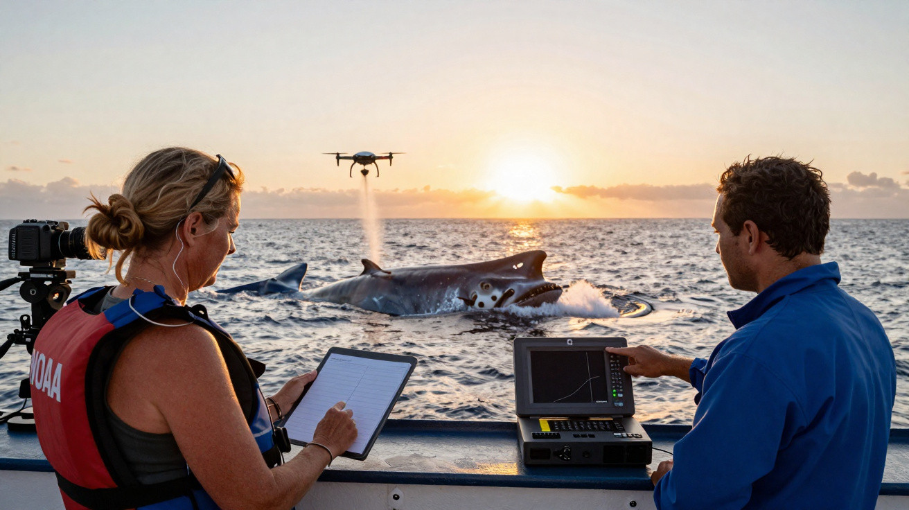 Dois cientistas num barco observam e monitorizam tubarões com equipamentos tecnológicos ao pôr do sol no oceano.