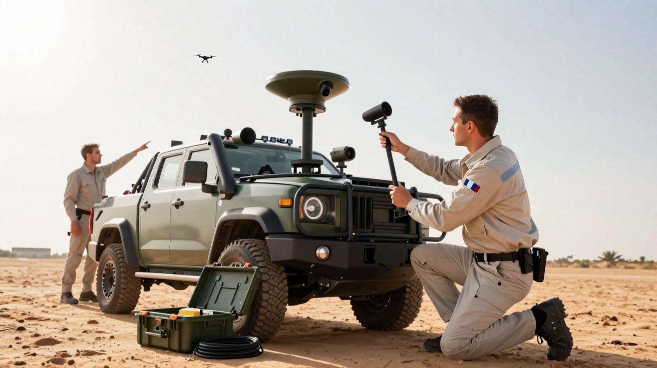 Dois técnicos em uniformes instalando câmaras num veículo militar num deserto com um drone no céu.