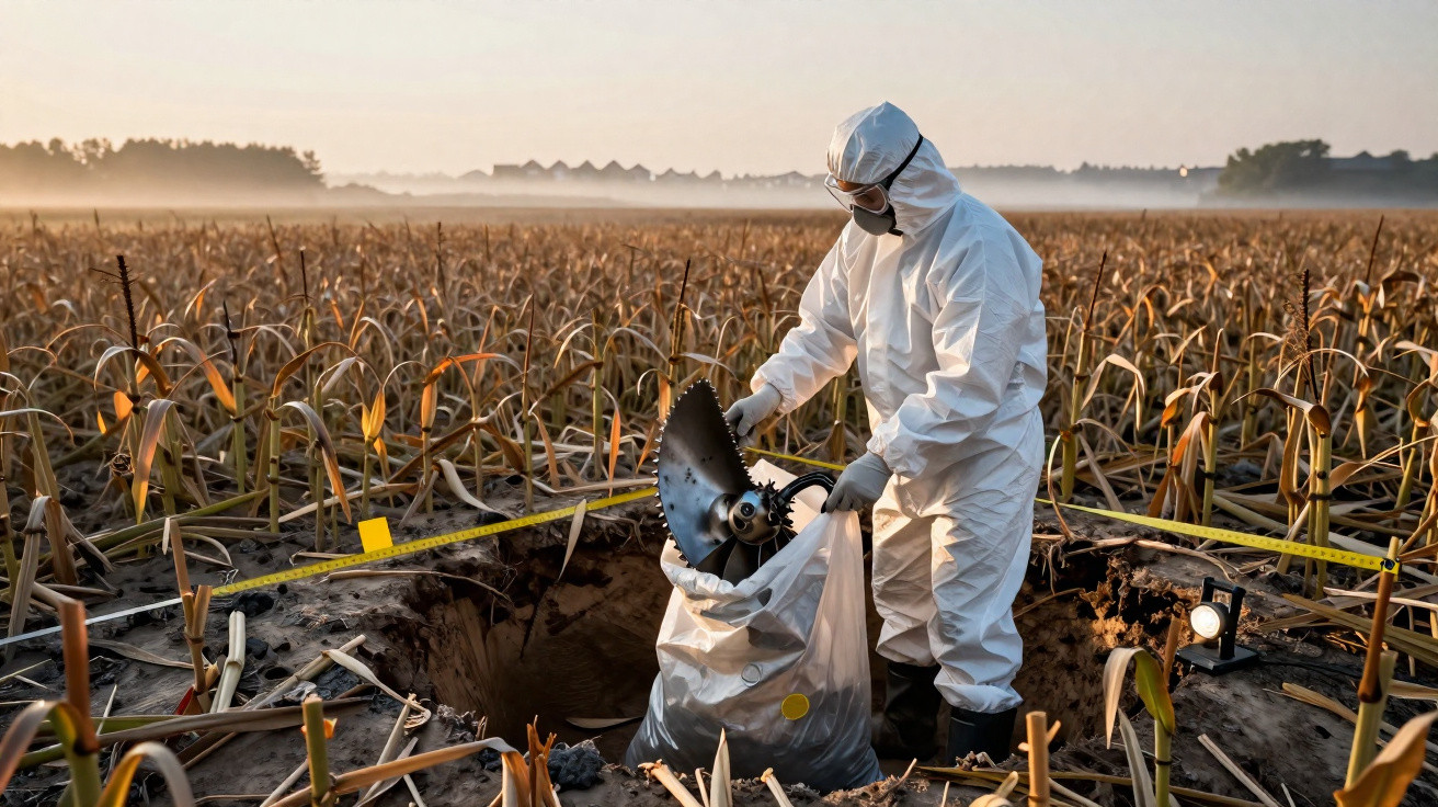 Pessoa em fato de proteção recolhe equipamento de escavação num campo agrícola com plantas secas.