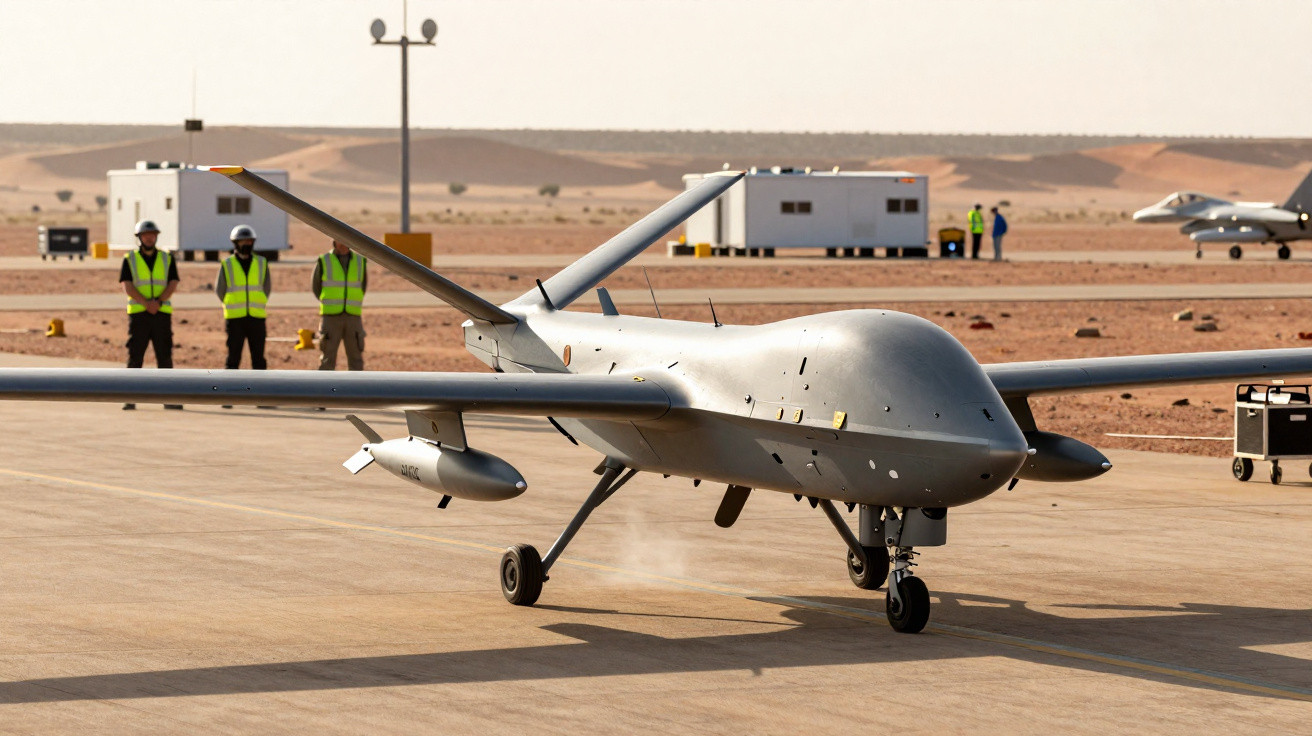 Dron militar cinzento em pista de descolagem num ambiente desértico com pessoas e edifícios ao fundo.