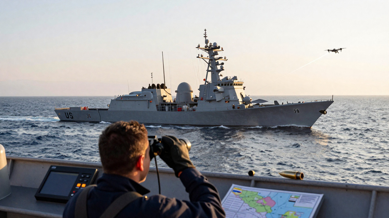 Militar observa navio de guerra e drone no mar durante operação naval ao pôr-do-sol.