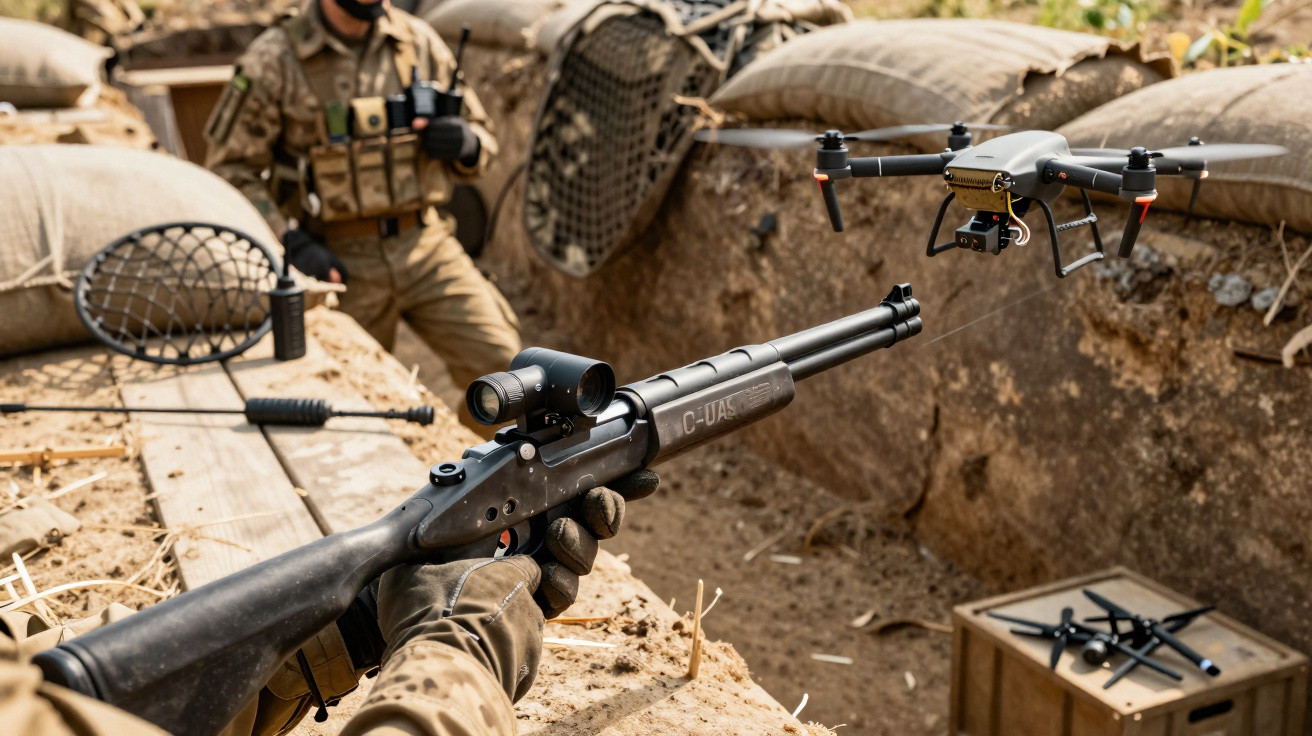 Soldado apontando espingarda para drone num campo de treino militar com sacos de areia.