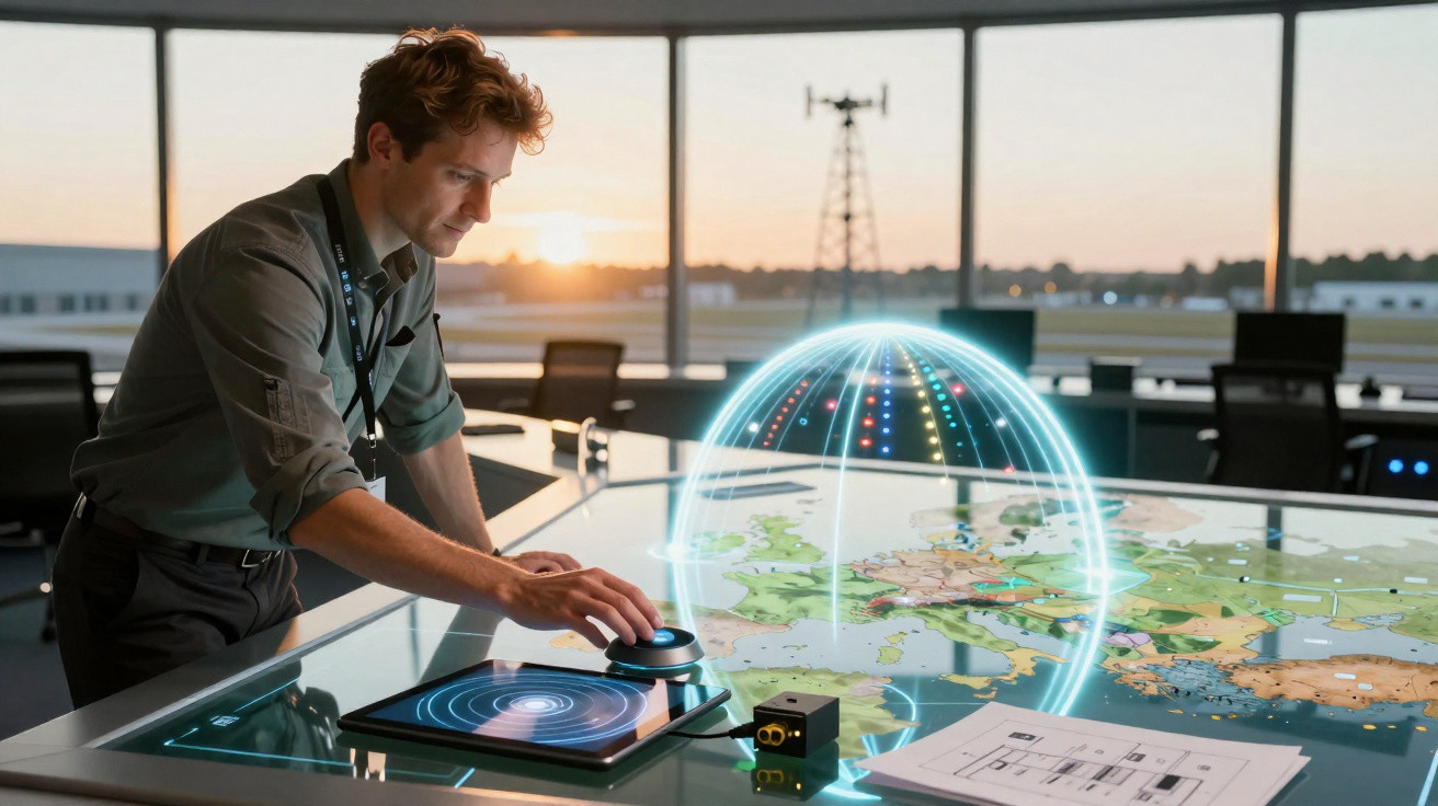 Homem a interagir com mesa digital tátil mostrando mapa da Europa e holograma numa sala de controlo ao pôr do sol.