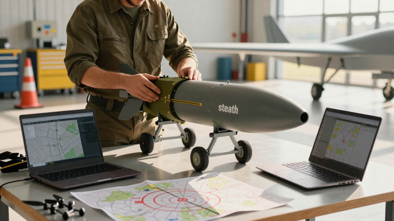 Militar a ajustar drone militar em forma de torpedo numa mesa com dois computadores e mapas táticos.