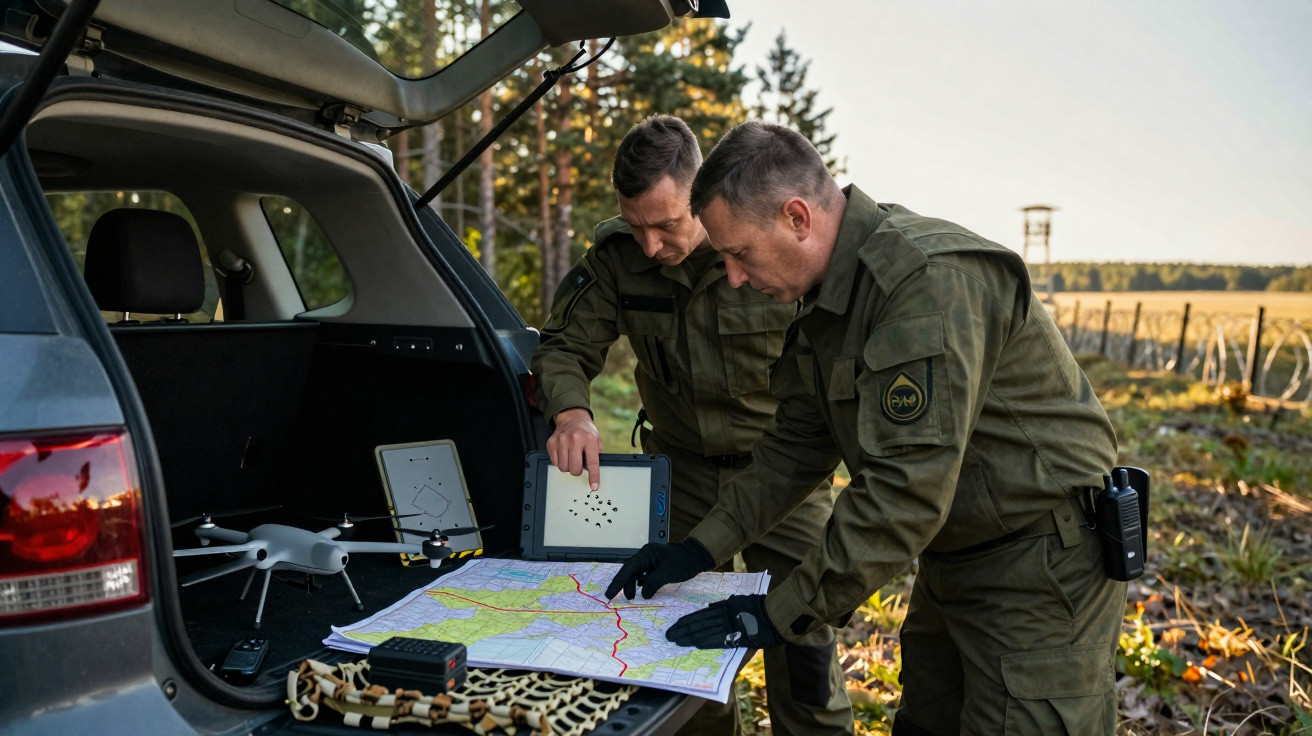 Dois homens em uniforme militar consultam mapa no porta-bagagens de carro em área rural.