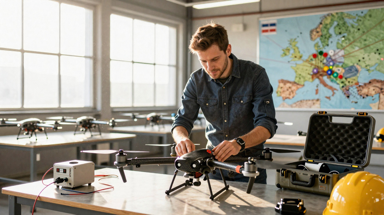Homem a montar um drone numa oficina com mapas e equipamentos de segurança ao redor.