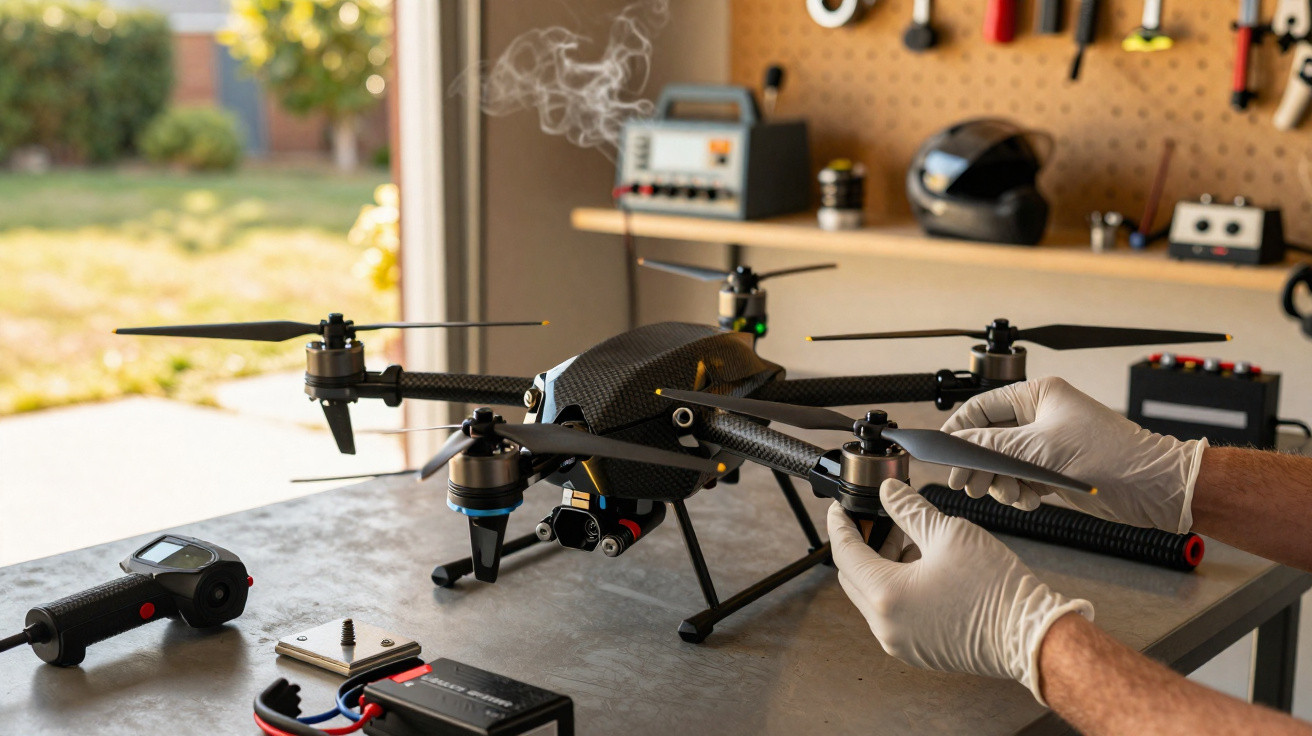 Pessoa a reparar drone com propulsor a libertar fumo numa bancada de oficina com ferramentas ao fundo.