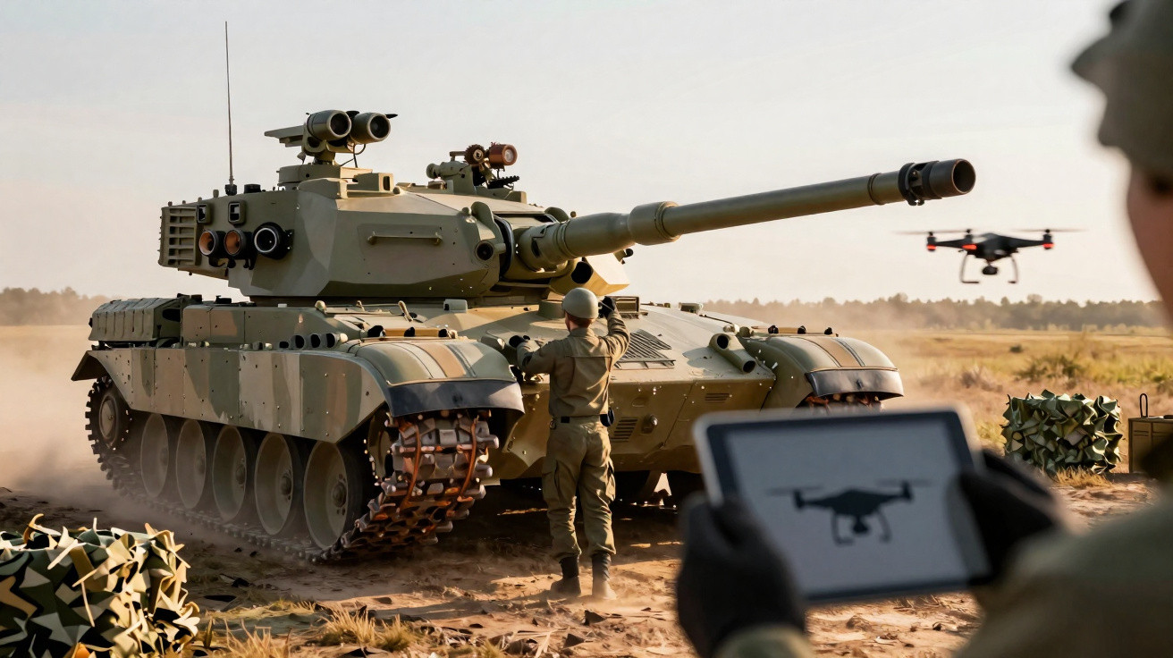 Tanque militar camuflado com soldados a operar drone num campo aberto ao entardecer.