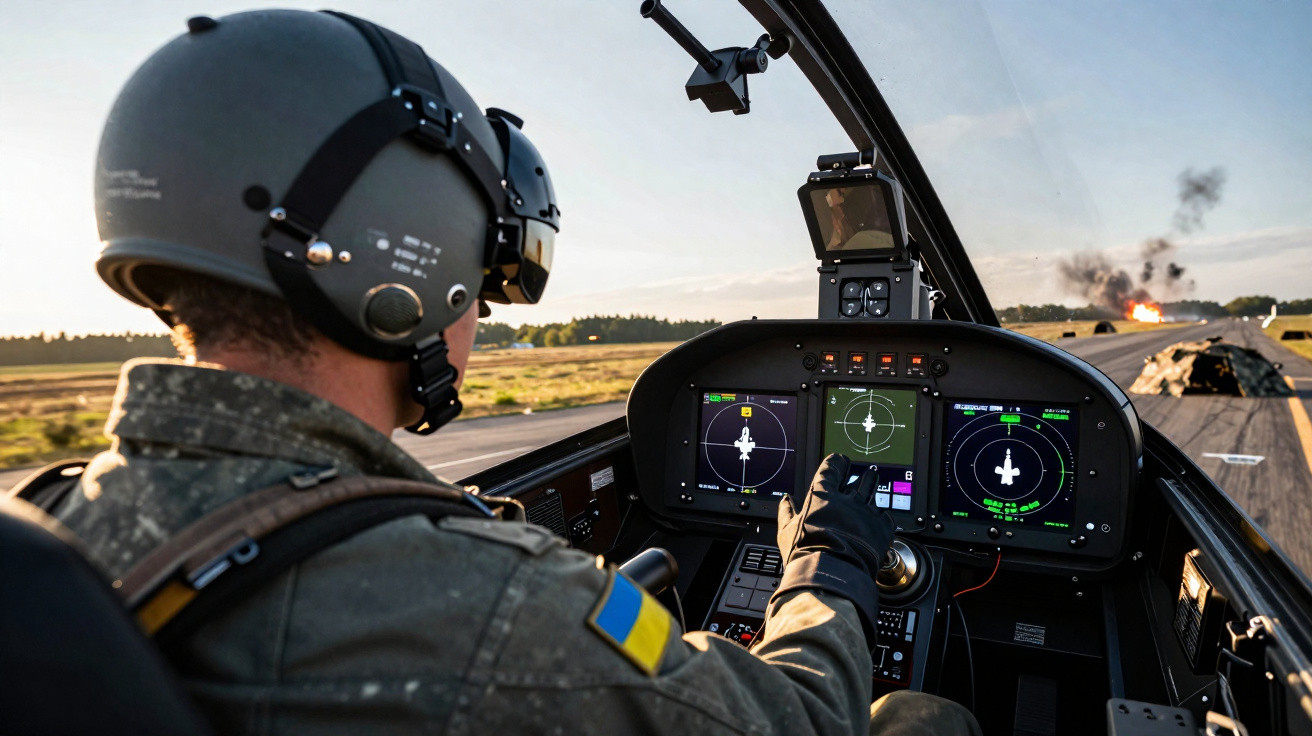 Piloto militar dentro de cockpit controla painel digital de aeronave com incêndio visível ao longe na pista.