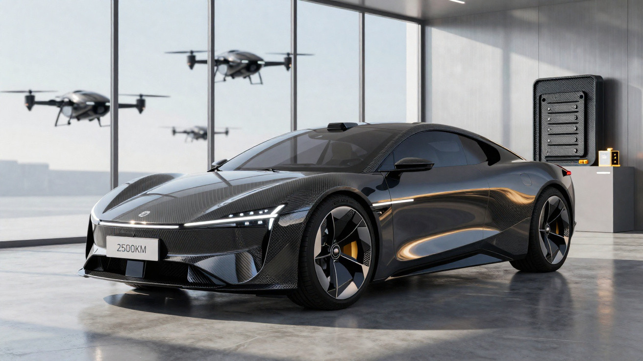 Carro desportivo eléctrico preto estacionado numa garagem moderna com drones a voar ao fundo.