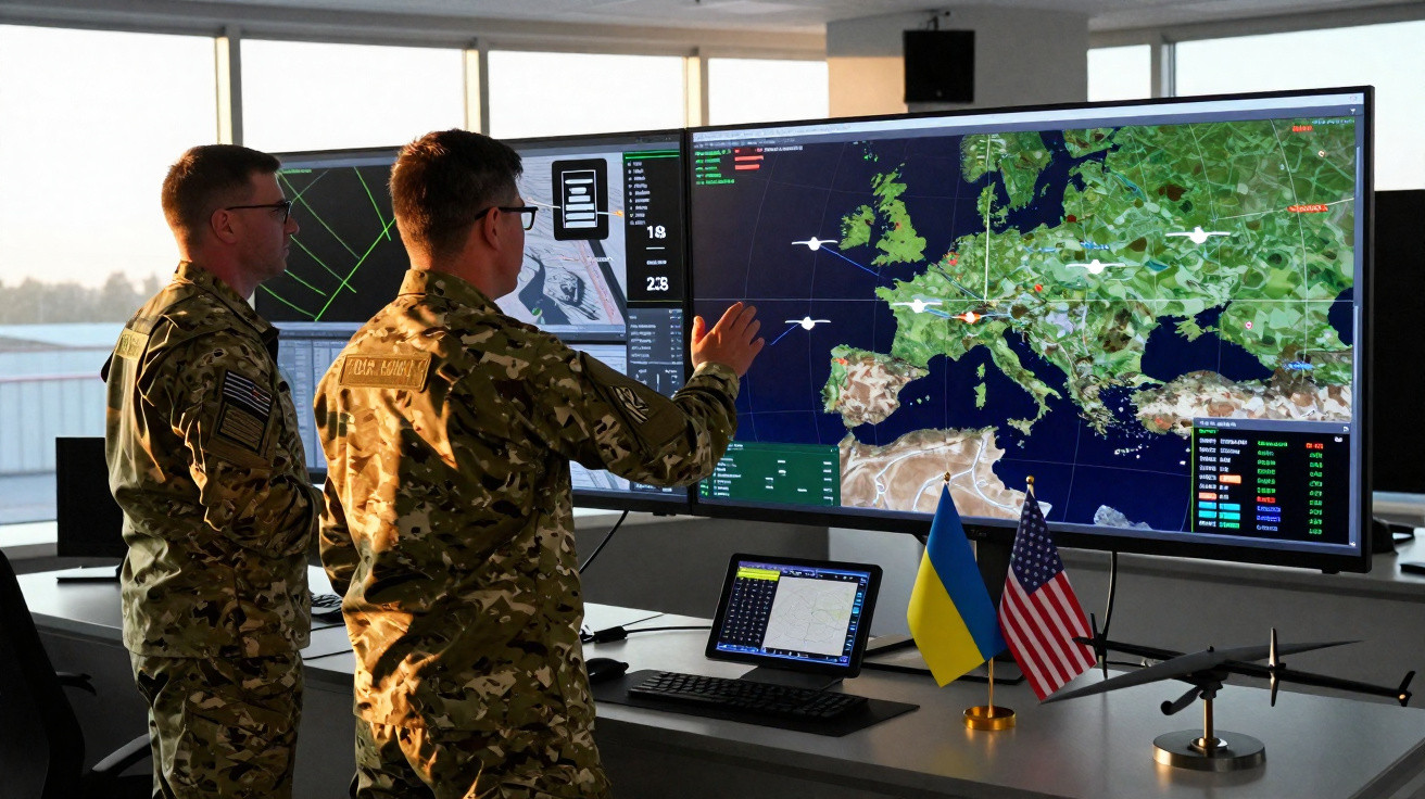 Dois militares em uniforme observam e analisam mapas digitais de operações aéreas numa sala de comando com bandeiras da Ucrân