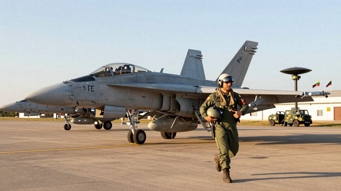 Caçador F-18 estacionado em pista com piloto militar a caminhar em frente, segurando capacete.