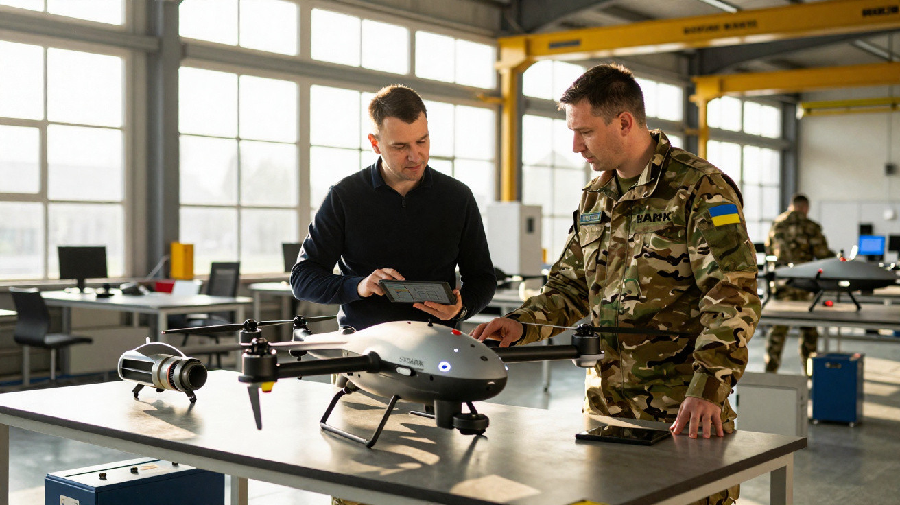 Dois homens, um militar ucraniano e outro civil, trabalham em drone num laboratório tecnológico.