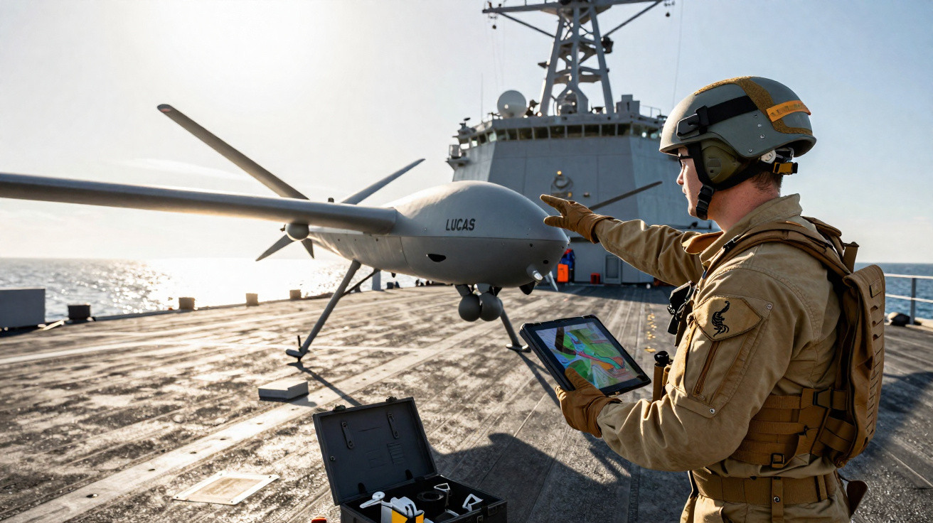 Militar em uniforme controla drone de vigilância no convés de navio militar durante o dia.