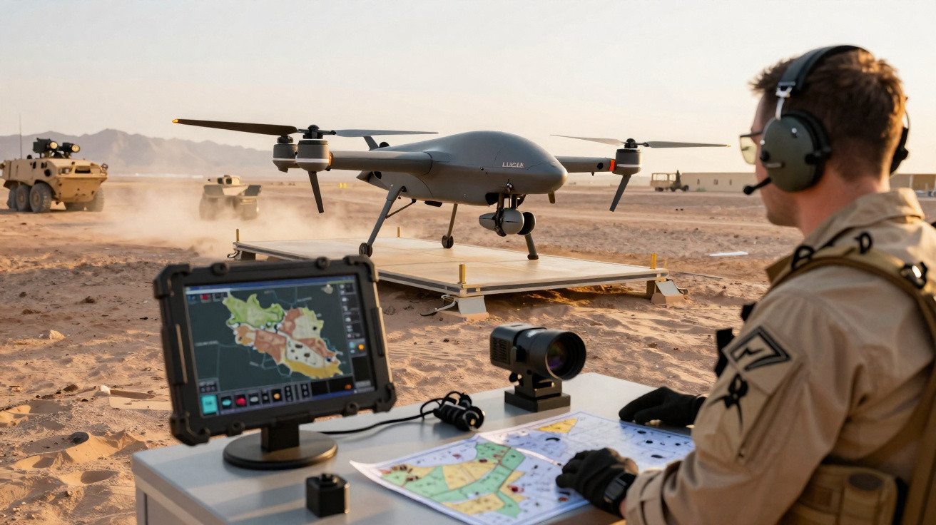 Soldado controla drone militar enquanto observa mapa e imagens num ambiente desértico com veículos blindados ao fundo.