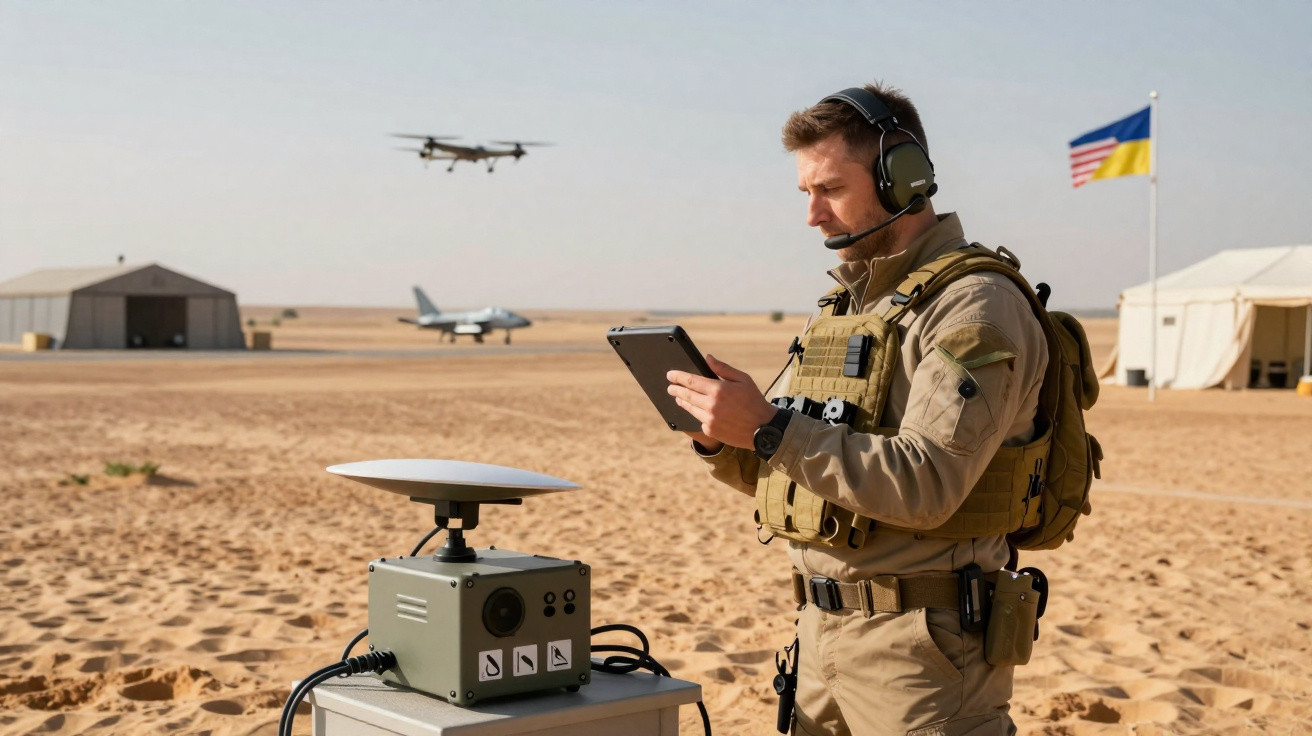 Soldado em uniforme militar com tablet controla dispositivo tecnológico num deserto com aviões e drone ao fundo.