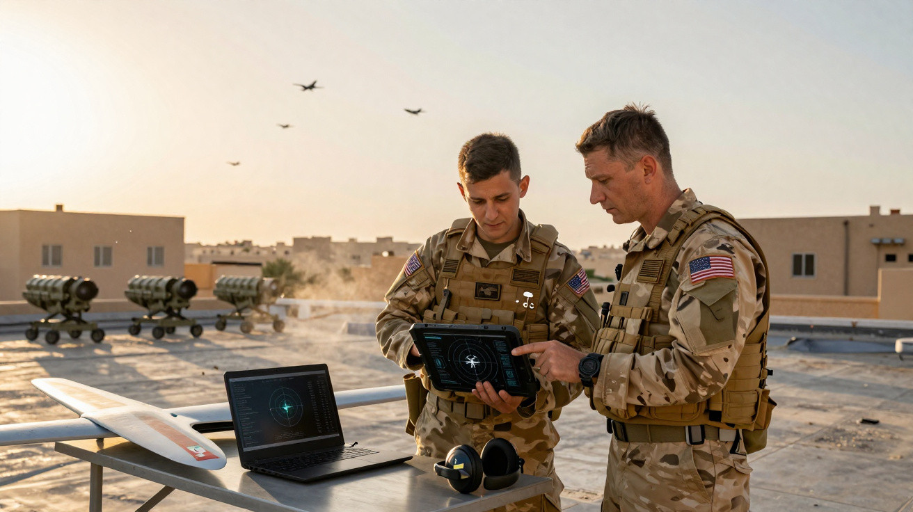Dois soldados em uniforme militar com bandeiras dos EUA operam dispositivo próximo a laptop e drone numa cobertura.