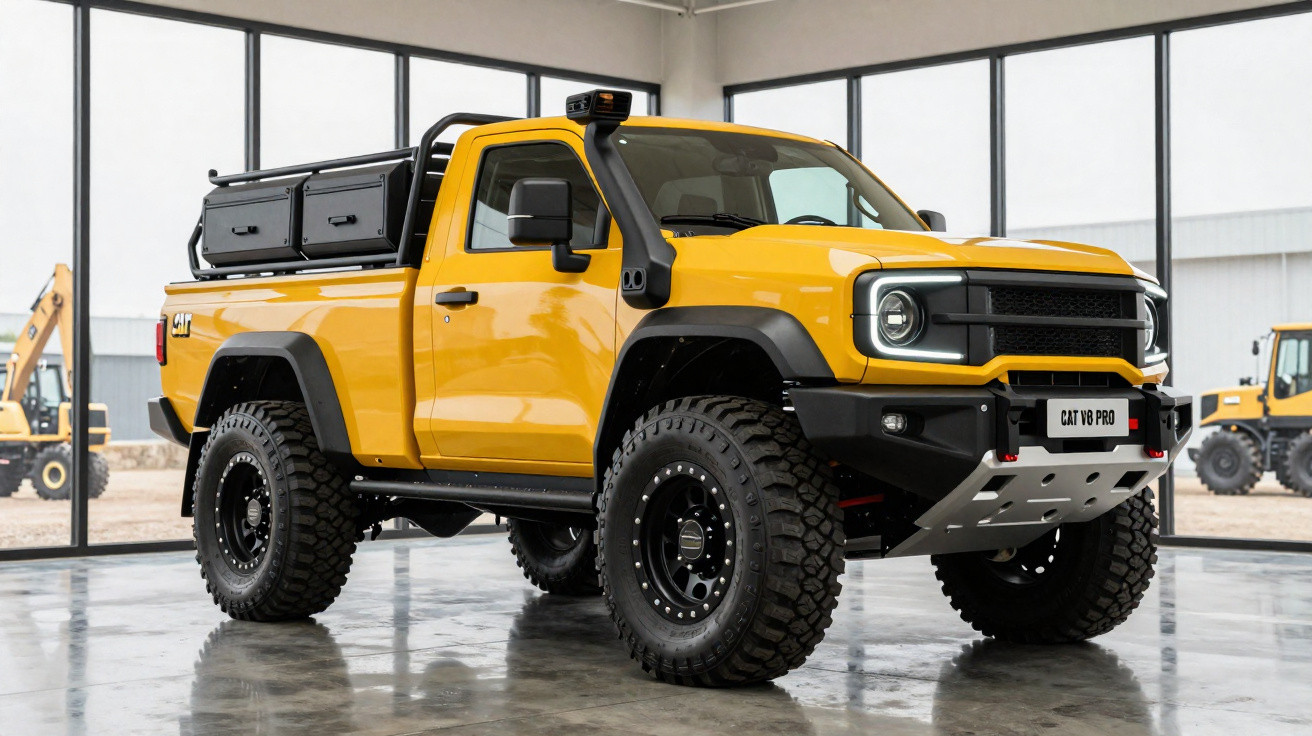 Pick-up amarela CAT V8 PRO, com pneus off-road, em ambiente industrial com paredes de vidro.