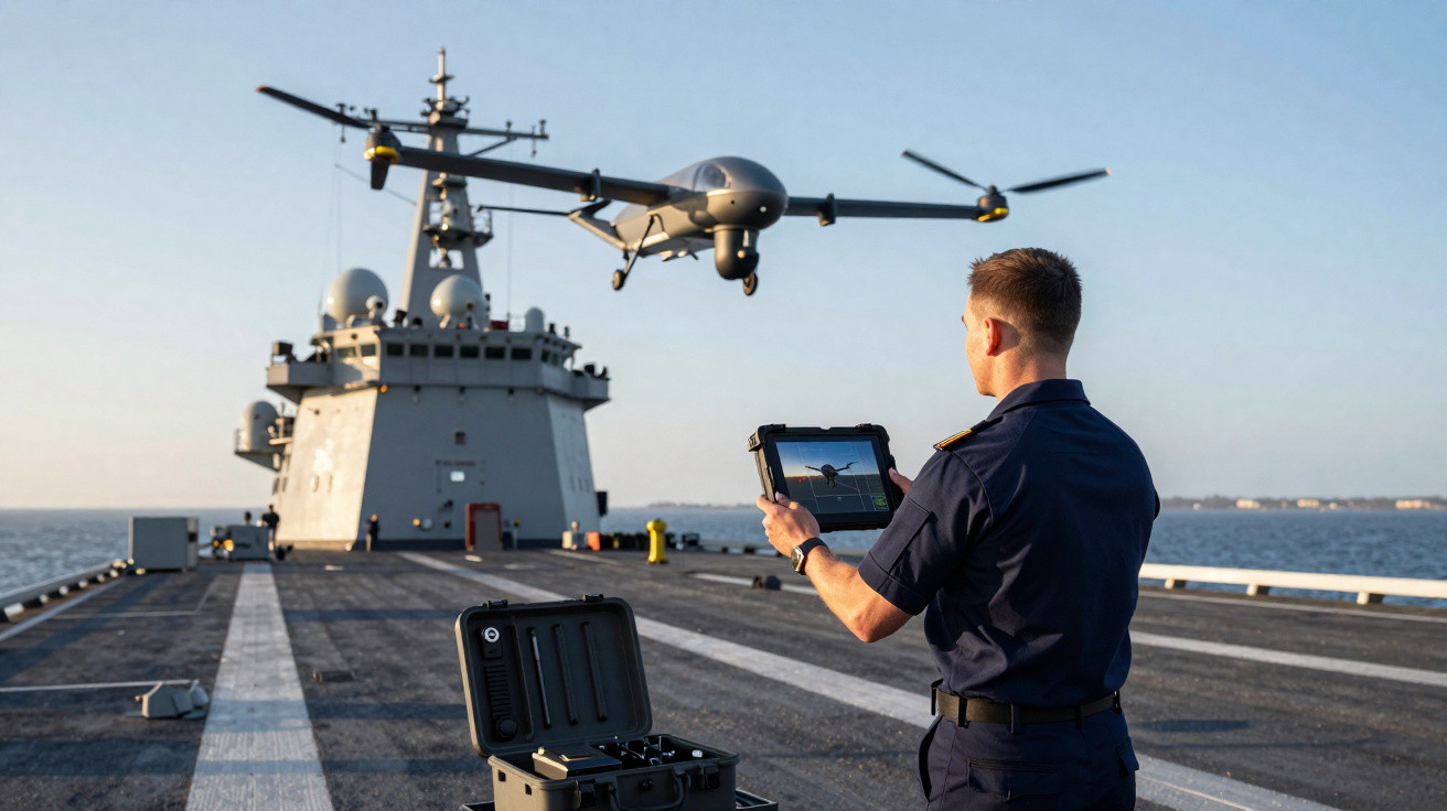 Militar controla drone que descola de navio de guerra no mar ao amanhecer.