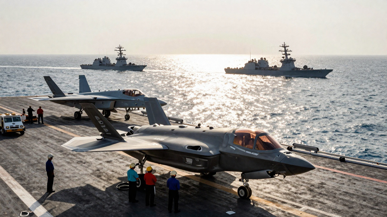 Aviões militares no convés de um porta-aviões com dois navios de guerra no mar ao fundo.
