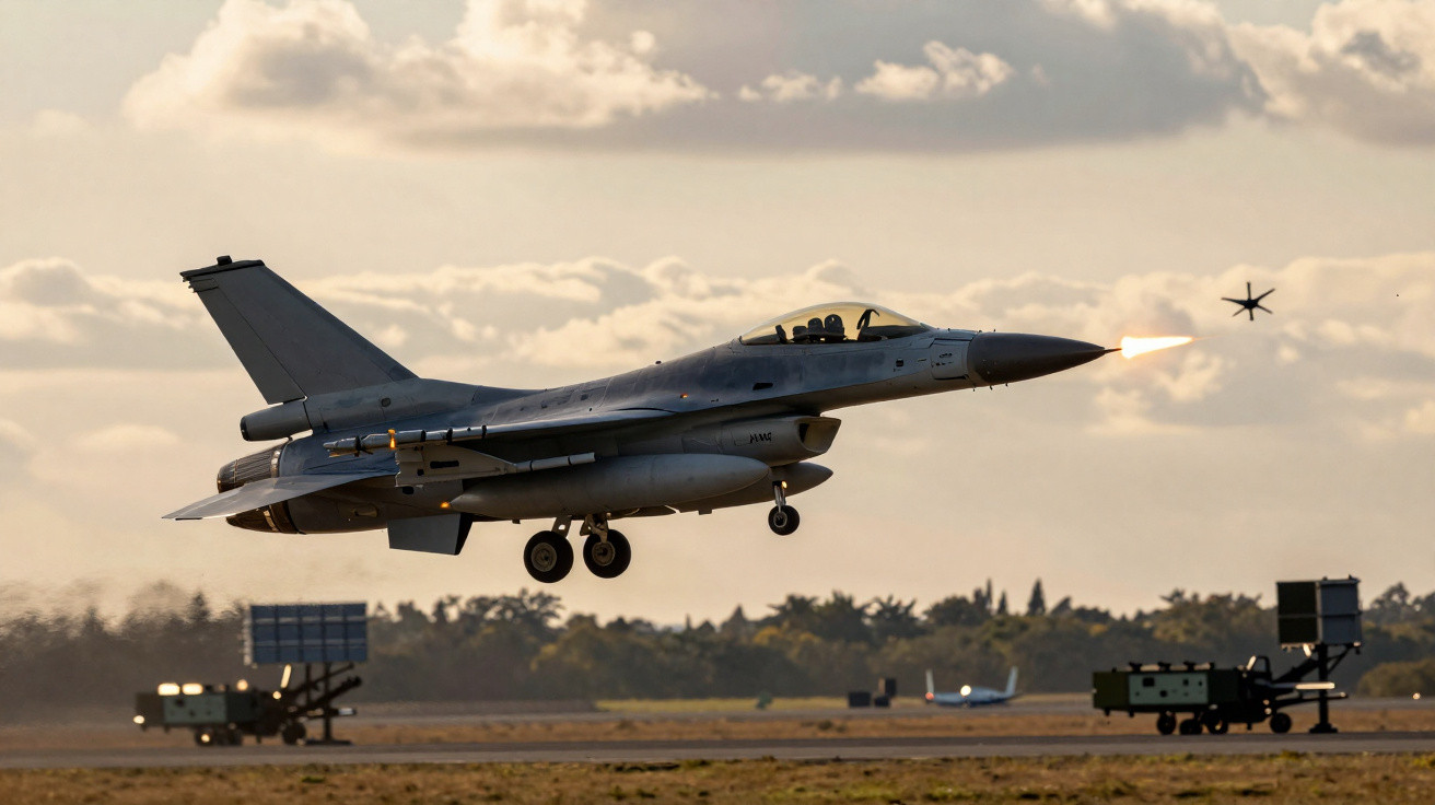 Avião militar a jato F-16 a disparar míssil durante descolagem em pista de aeroporto ao entardecer.