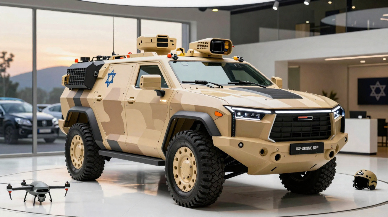 Veículo blindado militar camuflado bege com drone e capacete, em ambiente interior moderno.