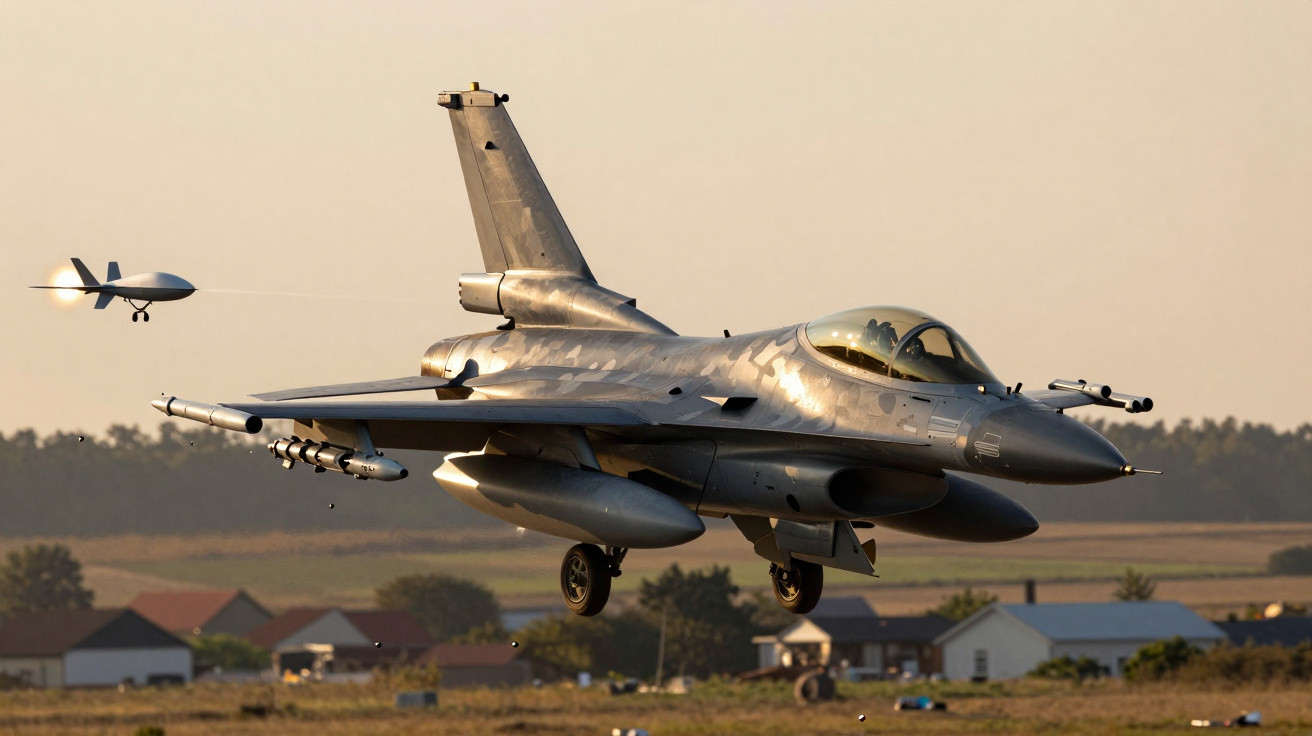 Caça F-16 em voo com munição disparada contra drone em área rural ao pôr do sol.