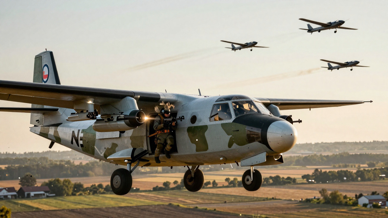 Avião militar em voo sobre campo, com soldado armado saindo da porta e três aviões pequenos ao fundo.