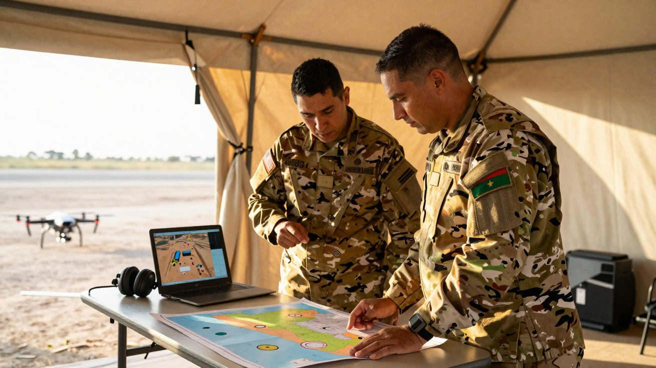 Dois soldados em uniforme camuflado analisam um mapa sobre uma mesa numa tenda, com drone e laptop ao fundo.