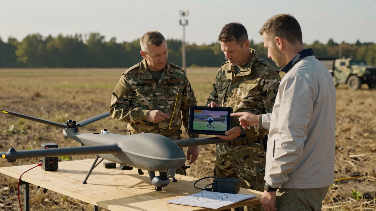 Três homens analisam dados num tablet junto a um drone militar em campo aberto, com veículos ao fundo.
