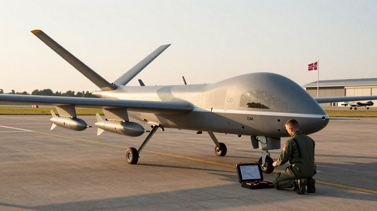 Drone militar cinzento grande num aeroporto com técnico operando computador portátil no chão.