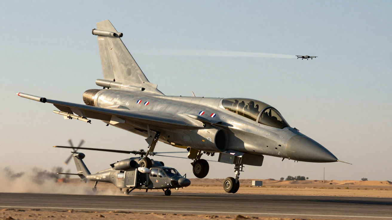 Caça militar em voo baixo sobre pista desértica com helicóptero ao fundo e outro avião no céu.
