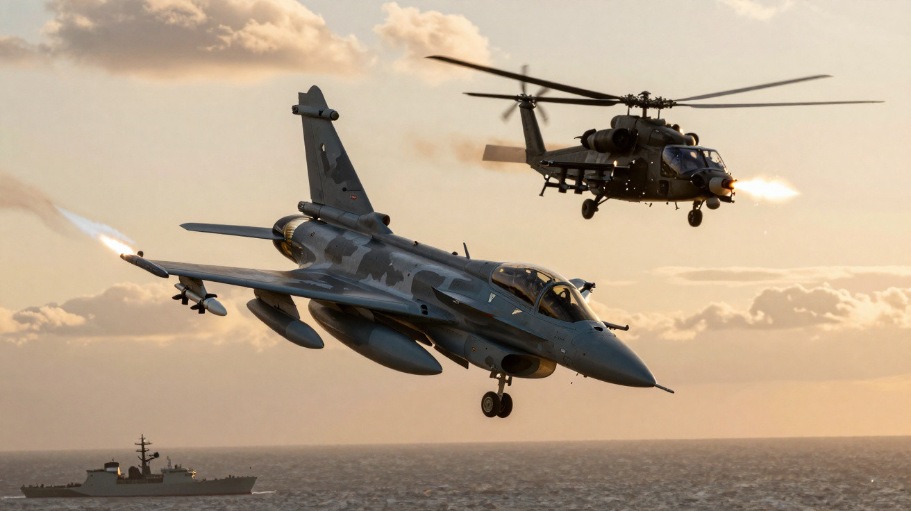 Caça militar e helicóptero de ataque em voo sobre o mar durante o pôr do sol com navio ao fundo.