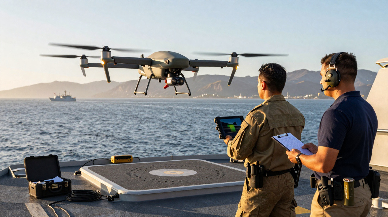 Dois homens operam um drone militar a bordo de um navio no mar durante o pôr do sol.