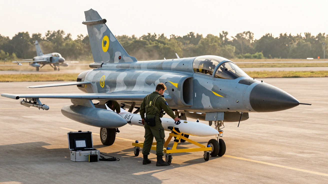 Caça militar camuflado azul no solo com militar a preparar equipamento numa pista de aeroporto.
