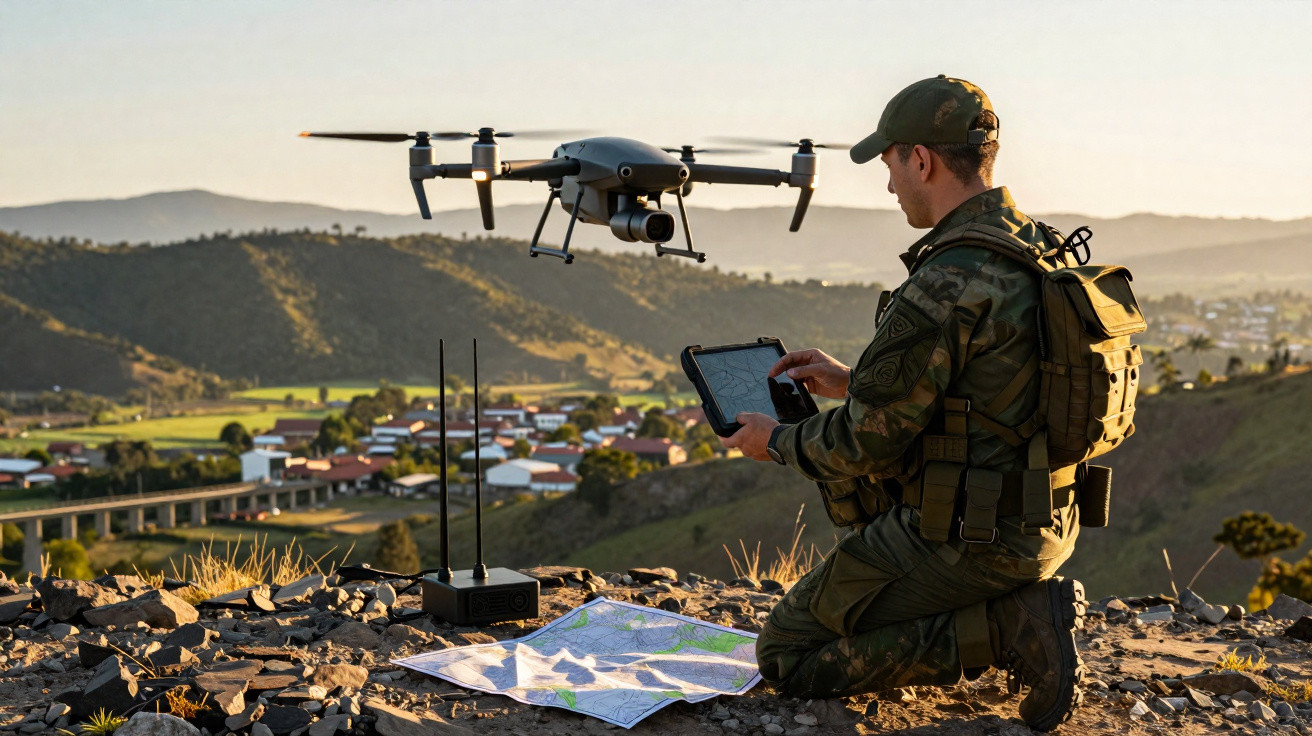 Soldado a controlar drone com tablet no alto de uma colina, com mapa e colinas ao fundo.