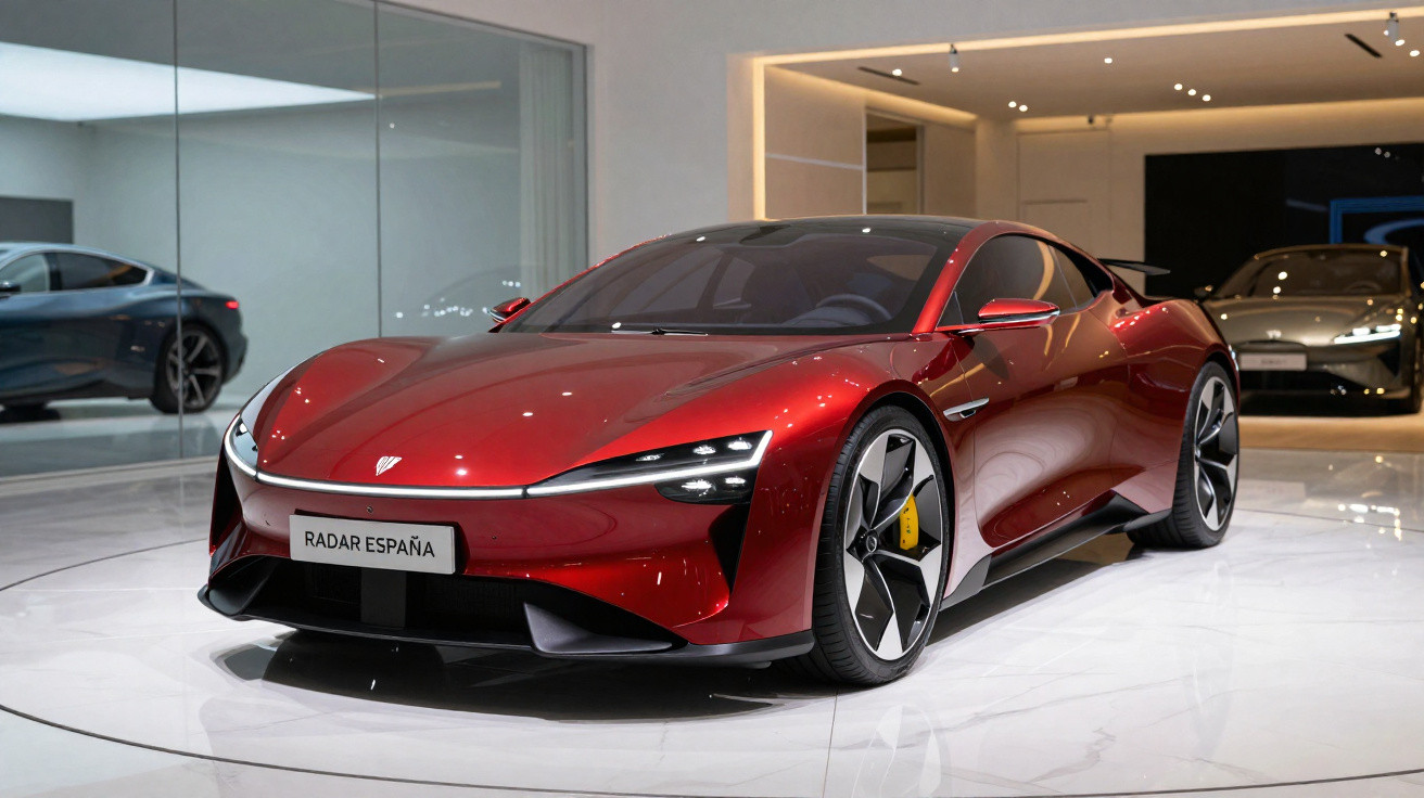 Carro desportivo vermelho brilhante em exposição numa sala moderna com chão branco e luzes embutidas no teto.
