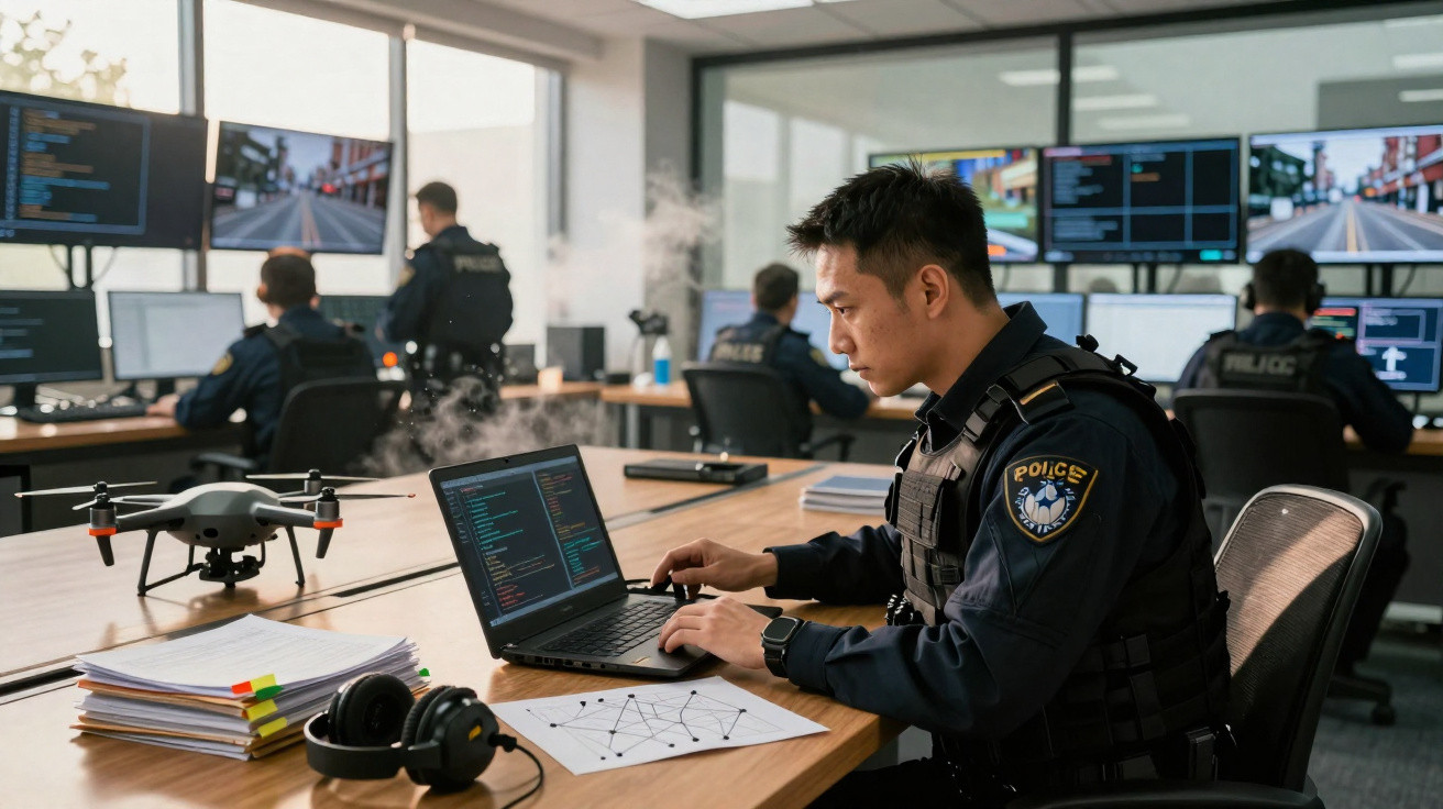 Polícia a trabalhar em computador com drone na mesa e vários ecrãs em centro de operações.